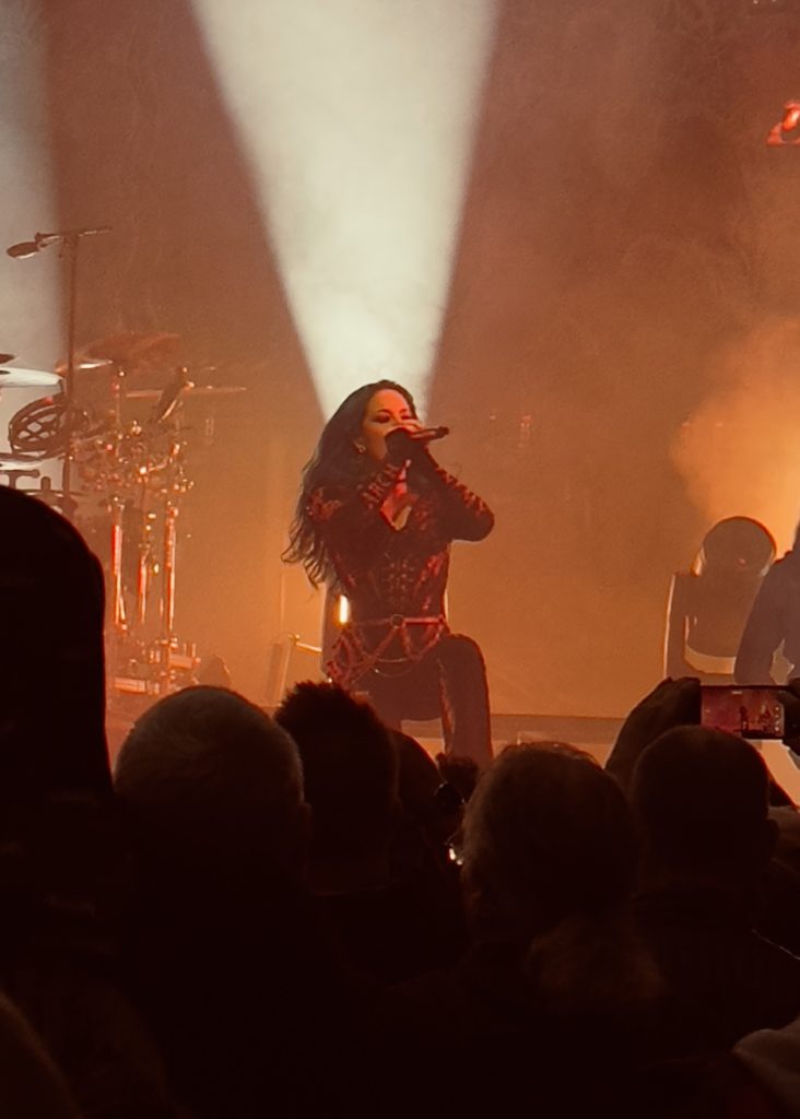 This concert photo, taken from the audience perspective, shows Alissa White-Glutz, singing into a microphone. She has long hair and is wearing a decorated body suit. The stage is bathed in warm orange and amber lighting with dramatic white spotlights cutting through the haze. The drum kit is visible on the left side of the stage, and silhouettes of audience members' heads fill the foreground, creating an immersive concert atmosphere typical of a metal show.